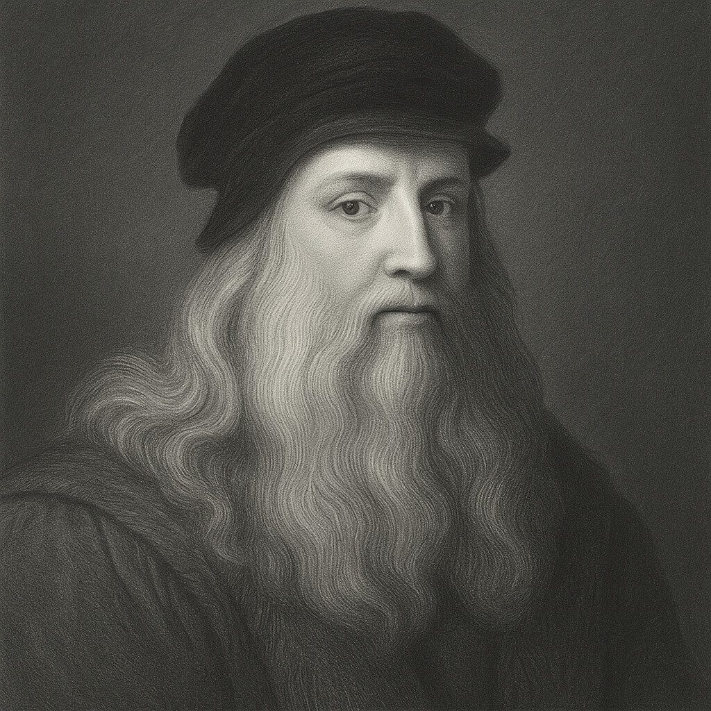 Porträt von Leonardo da Vinci als Bleistiftzeichnung in Schwarz-Weiss, klassischer Stil, würdevoller Ausdruck, neutraler Hintergrund