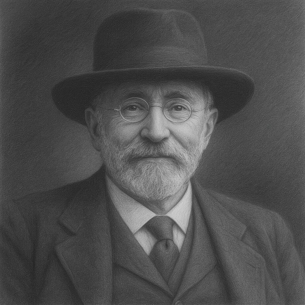 Schwarz-weisses Bleistiftporträt eines älteren Mannes mit Brille, Hut und Anzug vor geglättetem Hintergrund im Atelierstil.