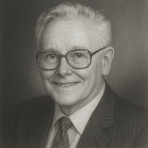 Realistisches Bleistiftporträt eines älteren Mannes mit Brille und Anzug, freundlich lächelnd vor abgedunkeltem Atelierhintergrund. Schwarz-weiss.