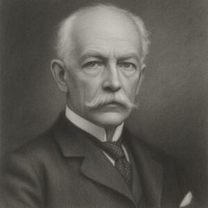 Realistisches Schwarz-Weiss-Bleistiftporträt eines älteren Mannes mit Schnurrbart im klassischen Atelierstil vor dunklem Hintergrund.