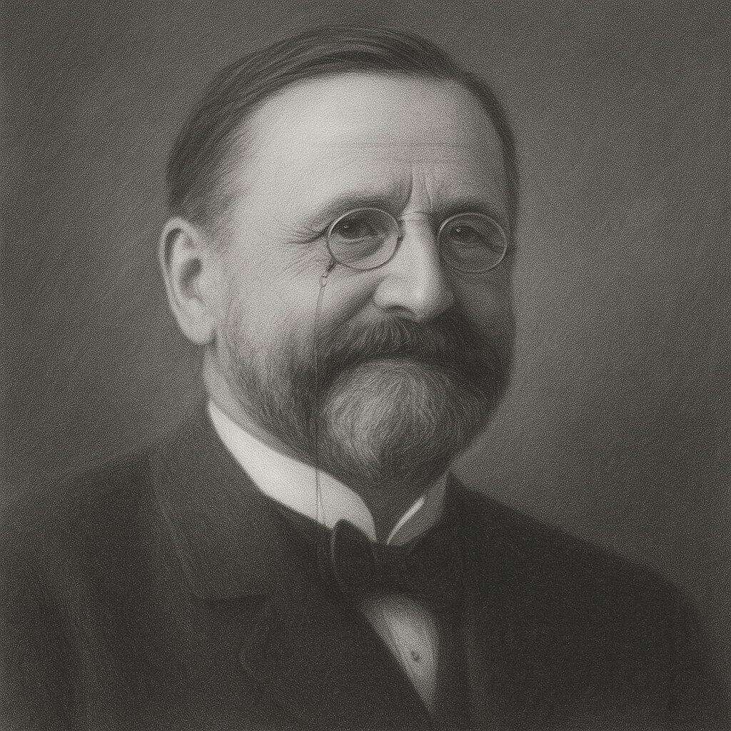 Schwarz-weisses Bleistiftporträt eines älteren Mannes mit Pince-nez und Bart im realistischen Atelierstil vor dunklem Hintergrund.