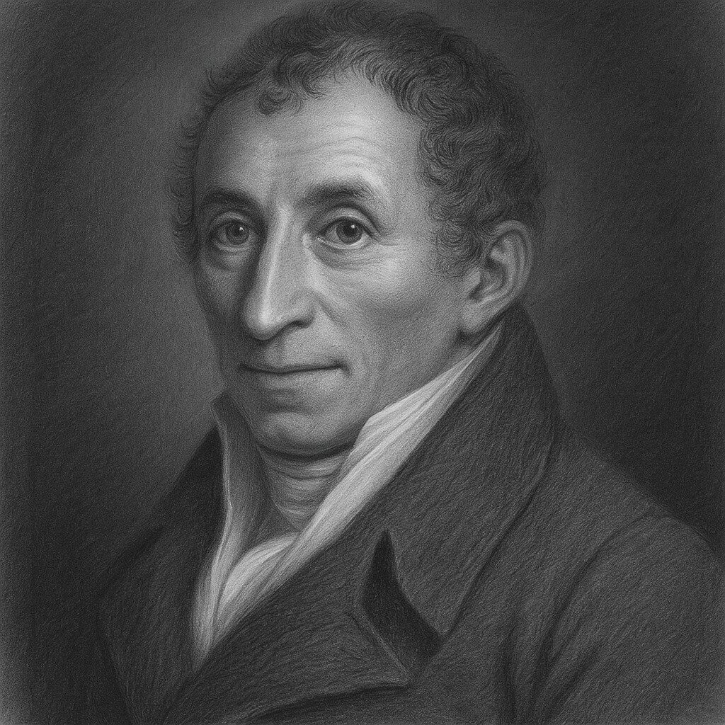 Porträt von Giovanni Battista Monteggia (1762–1815) als realistische Bleistiftzeichnung in Schwarz-Weiss mit geglättetem Hintergrund, würdevoller Ausdruck.