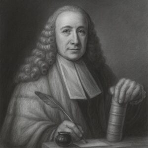 Porträt von Giovanni Battista Morgagni (1682–1771) als realistische Bleistiftzeichnung in Schwarz-Weiss mit dunklem Hintergrund, klassisches Gelehrtenmotiv.