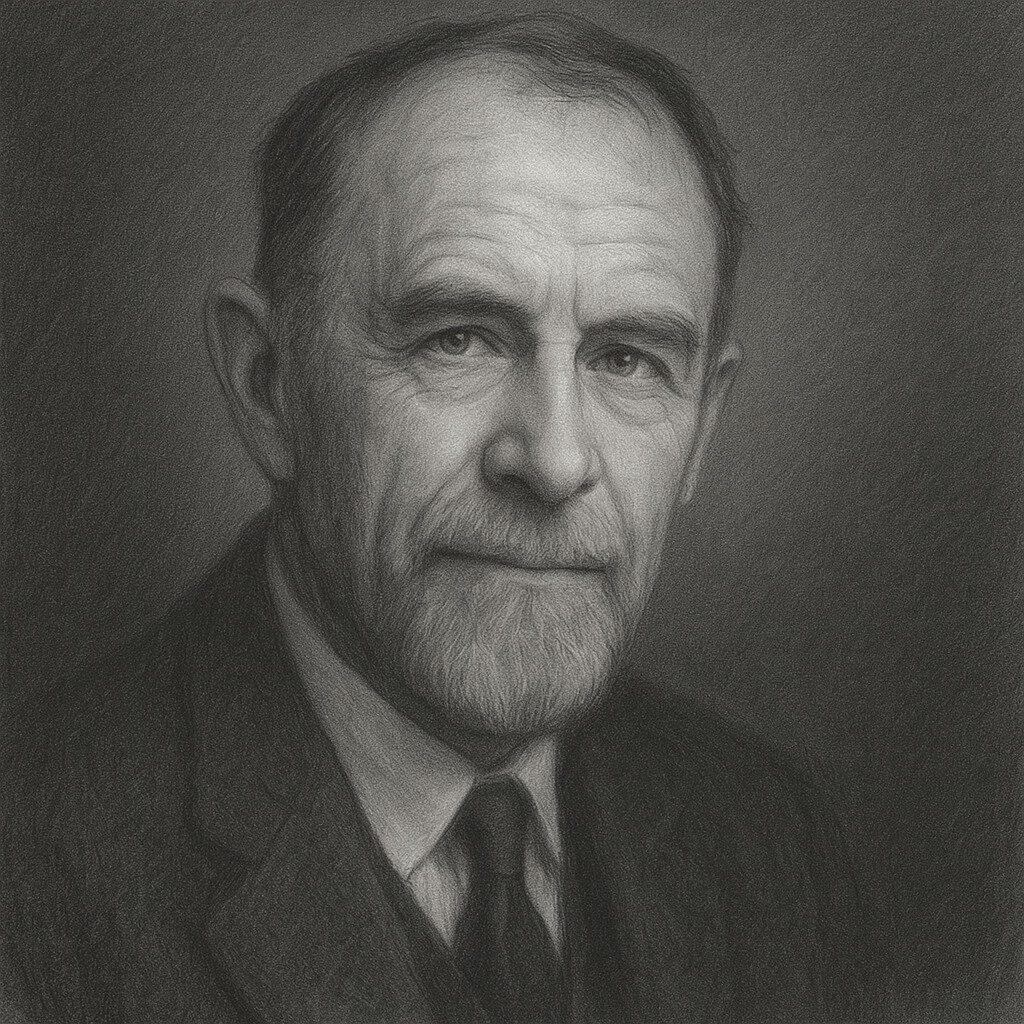 Porträt von Thomas Hunt Morgan (1866–1945) als realistische Bleistiftzeichnung in Schwarz-Weiss mit abgedunkeltem Hintergrund, würdevoll und freundlich.