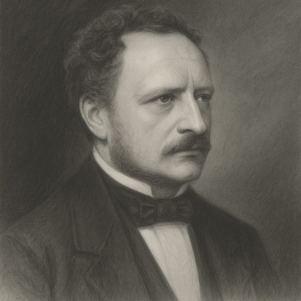 Porträt von Heinrich Müller (1820–1864) als realistische Bleistiftzeichnung in Schwarz-Weiss mit geglättetem Hintergrund, würdevoller Ausdruck und klassischer Anzug.