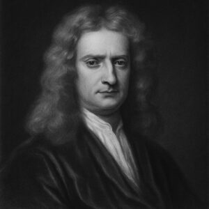 Porträt von Isaac Newton (1642–1726) als detaillierte Bleistiftzeichnung in Schwarz-Weiss mit stark abgedunkeltem Hintergrund, würdevoller Ausdruck und barocker Kleidung.
