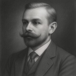 Porträt von Ruggero Oddi (1864–1913) als realistische Bleistiftzeichnung in Schwarz-Weiss mit abgedunkeltem Hintergrund und würdevoller Ausstrahlung.