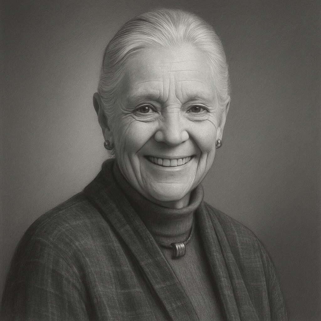 Porträt von Anne G. Osborn als realistische Bleistiftzeichnung in Schwarz-Weiss mit geglättetem Hintergrund und freundlich-würdiger Ausstrahlung.