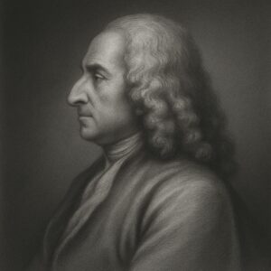 Künstlerisches Bleistiftporträt von Antonio Pacchioni (1665–1726), dargestellt im Profil. Die Zeichnung ist in klassischem Atelierstil gehalten, mit weichen Schattierungen und geglättetem, abgedunkeltem Hintergrund. Die Darstellung wirkt würdevoll, ruhig und realitätsnah – passend zur Porträtreihe „Wegbereiter“ auf radiologie24.ch.