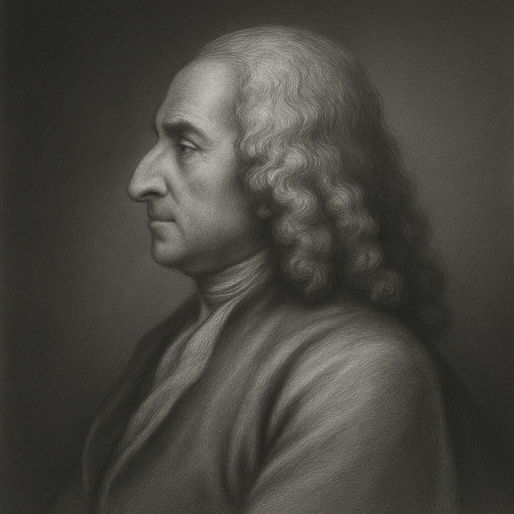 Künstlerisches Bleistiftporträt von Antonio Pacchioni (1665–1726), dargestellt im Profil. Die Zeichnung ist in klassischem Atelierstil gehalten, mit weichen Schattierungen und geglättetem, abgedunkeltem Hintergrund. Die Darstellung wirkt würdevoll, ruhig und realitätsnah – passend zur Porträtreihe „Wegbereiter“ auf radiologie24.ch.