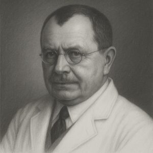 Fritz de Quervain im klassischen Bleistiftporträt – realistisch gezeichnet in Schwarz-Weiss, mit Arztkittel und Brille vor neutralem Hintergrund.