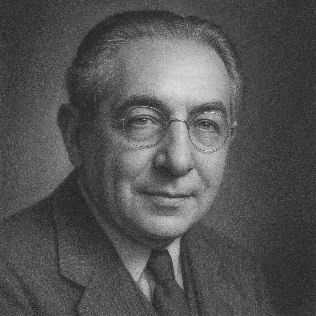 Würdiges Bleistiftporträt eines älteren Mannes mit Brille im Atelierstil, Schwarz-Weiss, ideal für biografische Fachbeiträge auf radiologie24.ch.