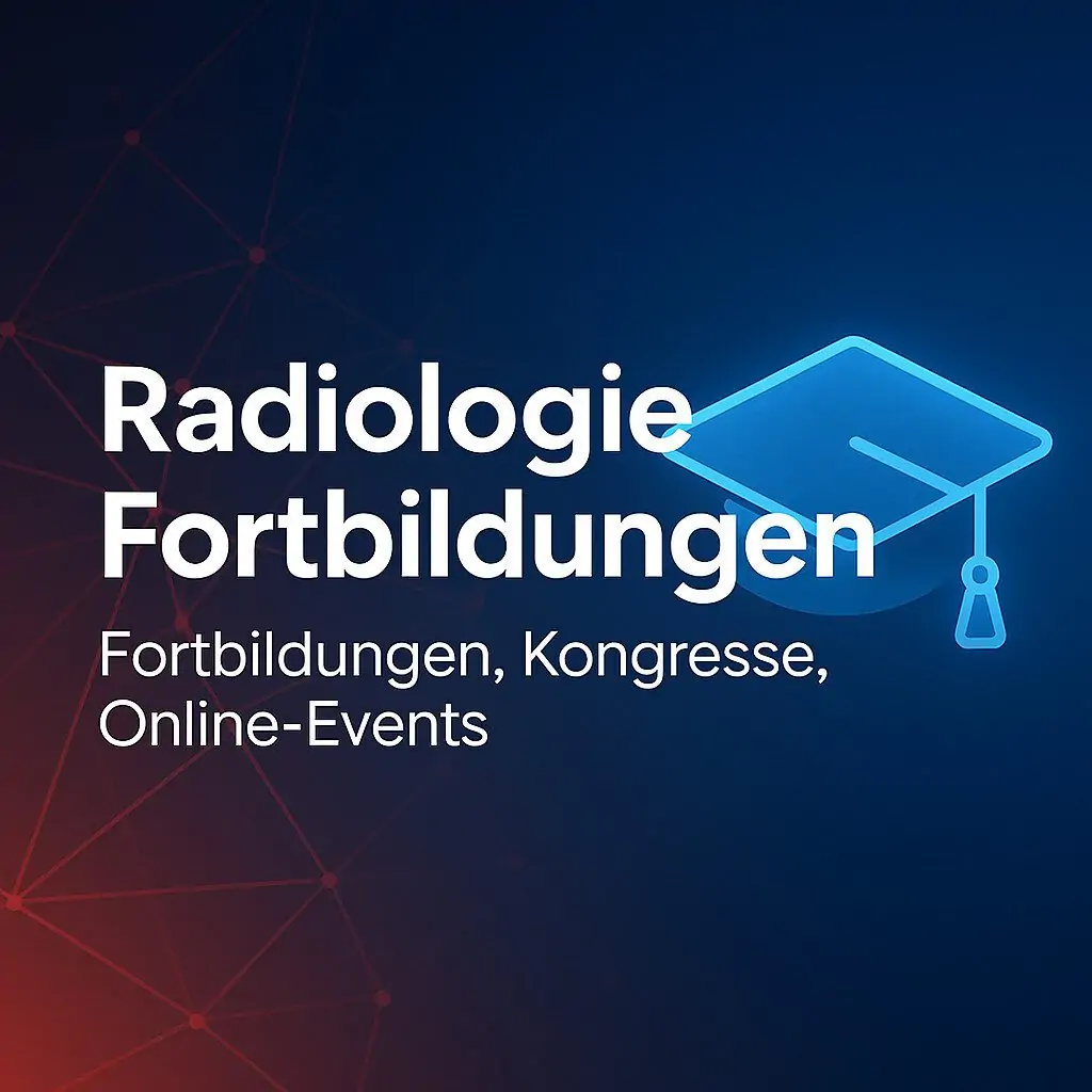 Radiologie Fortbildungen – weißer Titeltext mit leuchtendem Doktorhut-Symbol vor blau-rotem Netzwerkhintergrund