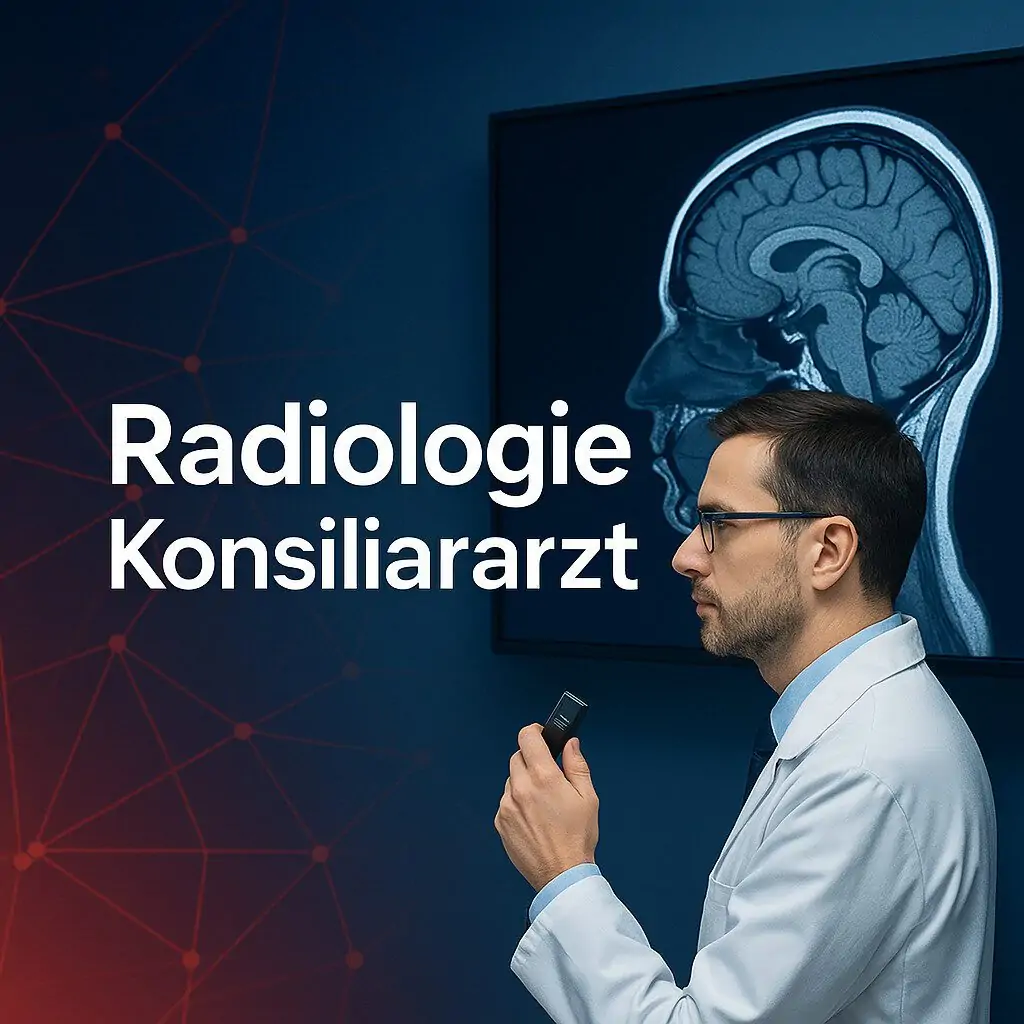 Radiologe diktiert Befund mit Diktiergerät vor Schädel-MRT auf Großbildschirm – Titel „Radiologie Konsiliararzt“