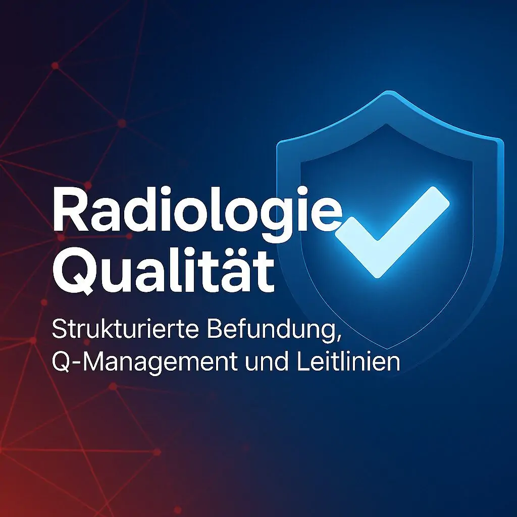 Radiologie Qualität – weißer Haken auf blauem Schildsymbol vor Netzwerk-Hintergrund mit Titel und Untertitel