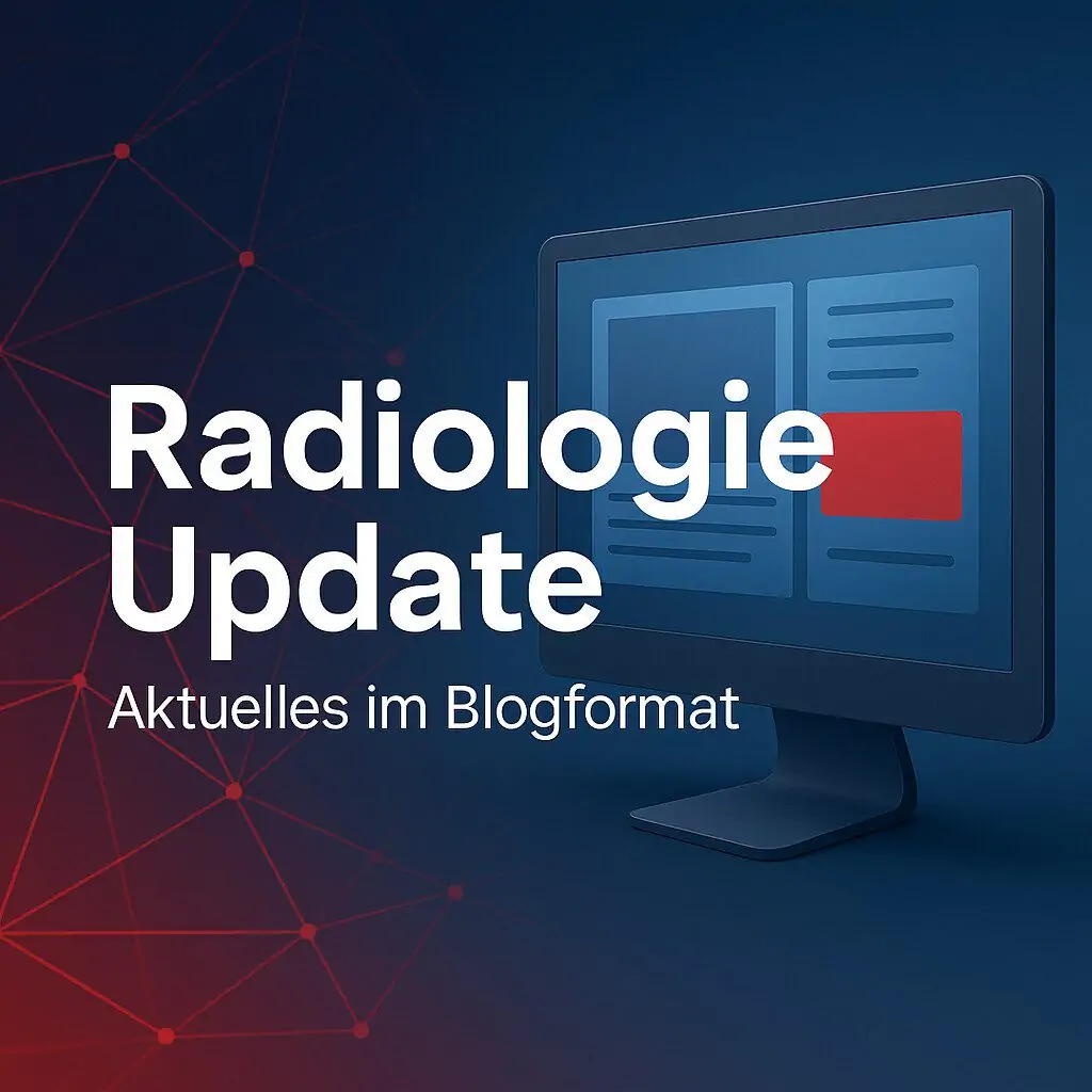 Monitor mit Bloglayout und der Aufschrift „Radiologie Update – Aktuelles im Blogformat“ vor blau-rotem Netzwerkhintergrund