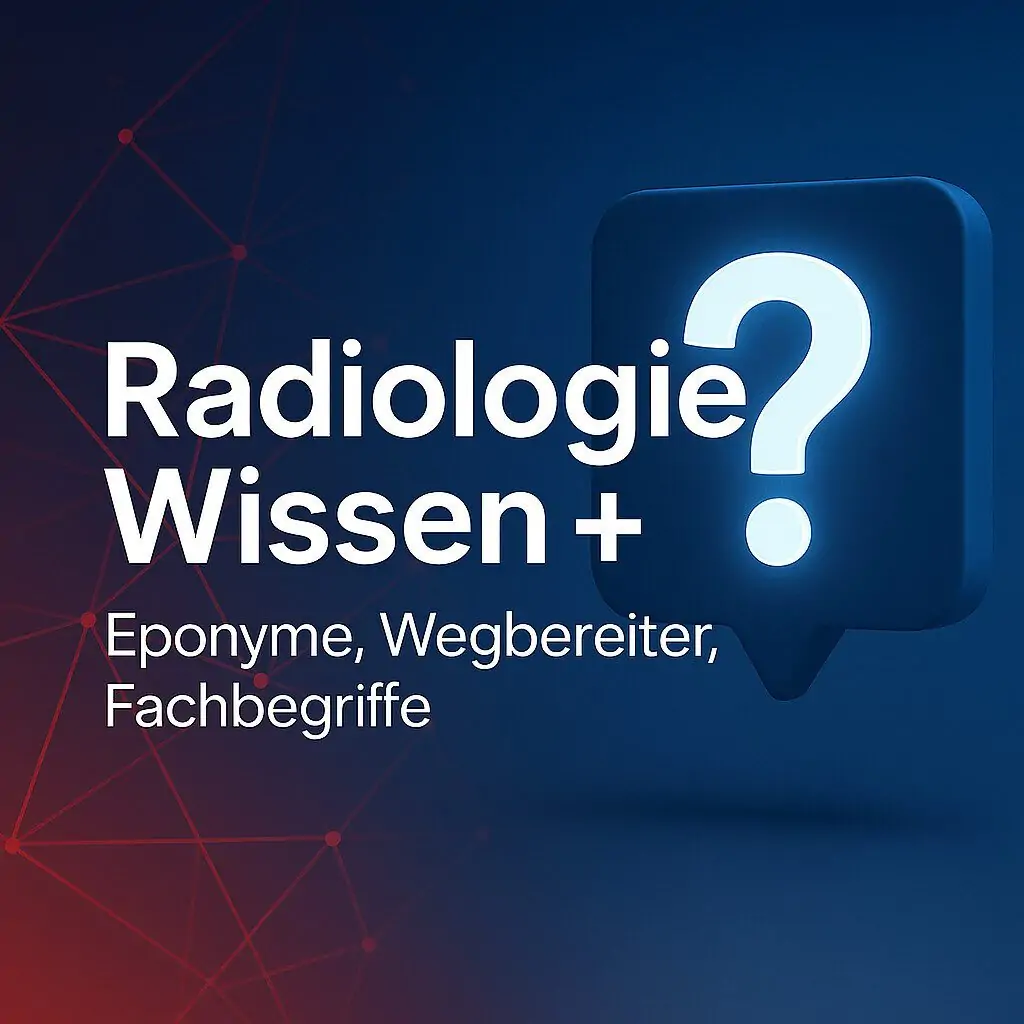Radiologie Wissen Plus – leuchtendes Fragezeichen-Symbol auf blau-rotem Hintergrund mit Netzstruktur