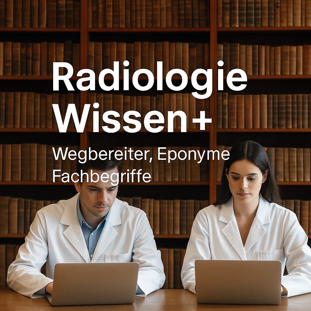Zwei junge Radiolog:innen lernen mit Laptops vor einer großen Bücherwand. Titel: Radiologie Wissen+, Untertitel: Wegbereiter, Eponyme, Fachbegriffe.