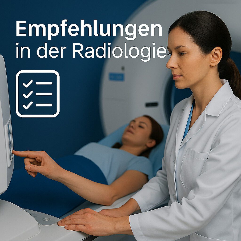 Radiologin mit Patientin vor Monitor mit bildgebenden Verfahren und grafischer Empfehlungsliste im Fokus