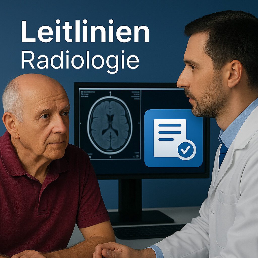 Radiologe erklärt einem Patienten mithilfe eines digitalen Monitors radiologische Leitlinien in einer klinischen Umgebung