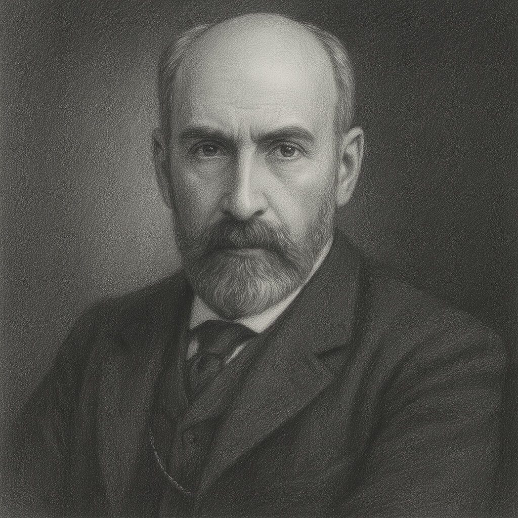 Würdiges Schwarz-Weiss-Bleistiftporträt Ramón y Cajal, Santiago (1852-1934) mit Glatze im klassischen Atelierstil, ideal für medizinisch-historische Beiträge auf radiologie24.ch.