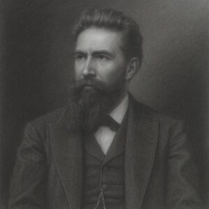 Porträt von Wilhelm Conrad Röntgen mit weißem Hemdkragen im realistischen Schwarz-Weiss-Bleistiftstil – ideal für biografische Fachbeiträge auf radiologie24.ch.