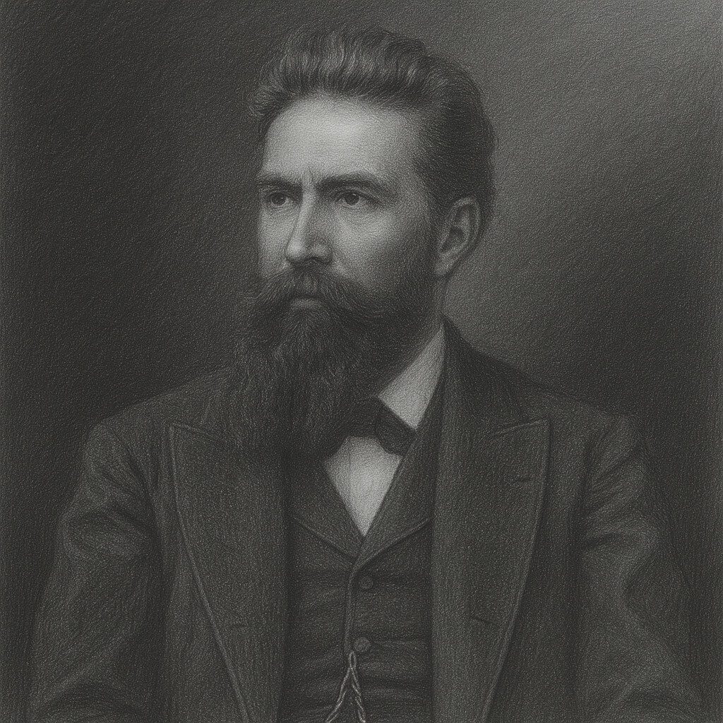 Porträt von Wilhelm Conrad Röntgen mit weißem Hemdkragen im realistischen Schwarz-Weiss-Bleistiftstil – ideal für biografische Fachbeiträge auf radiologie24.ch.