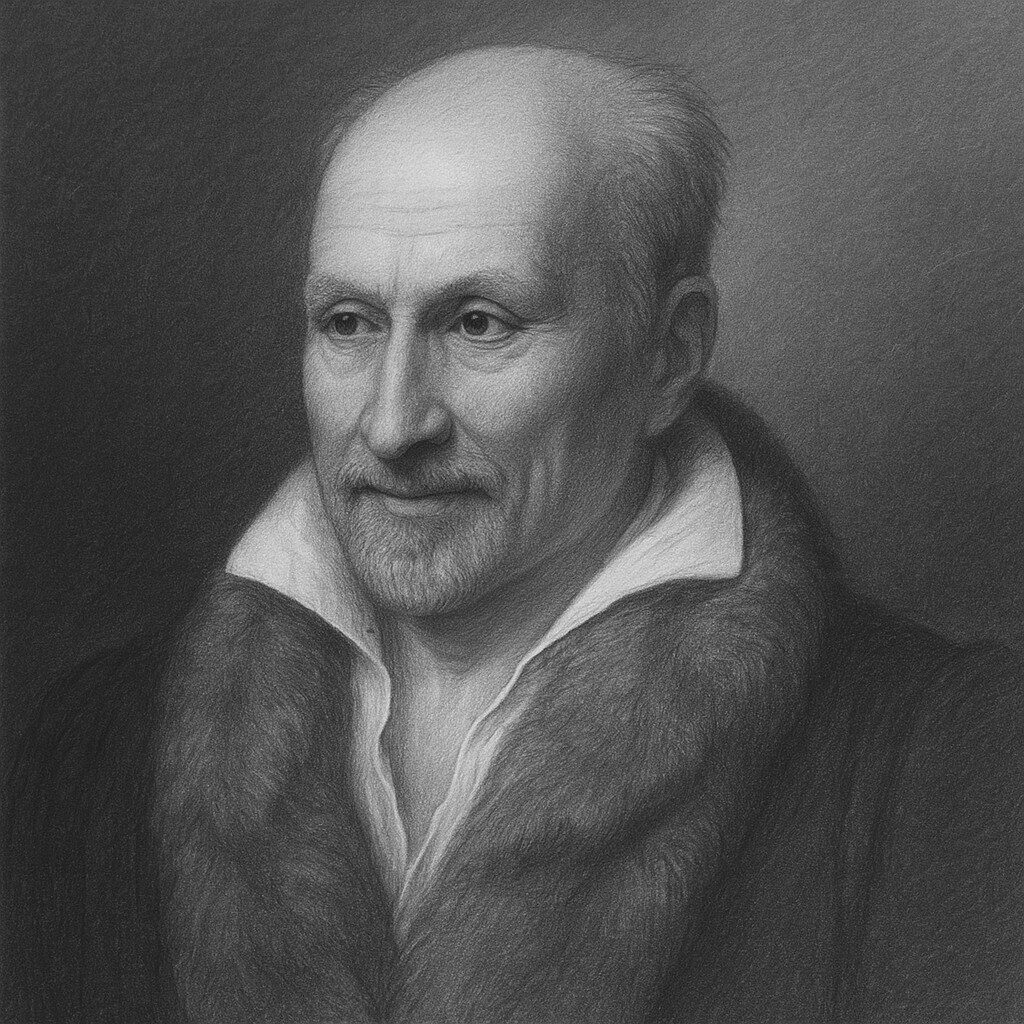 Realistisches Schwarz-Weiss-Porträt von Romagnosi, Domenico (1761-1835) mit Pelzkragen und ruhigem Gesichtsausdruck – ideal für historische Biografien auf radiologie24.ch.