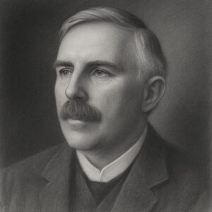 Realistisches Bleistiftporträt von Ernest Rutherford in Schwarz-Weiss, klassischer Atelierstil mit geglättetem Hintergrund.