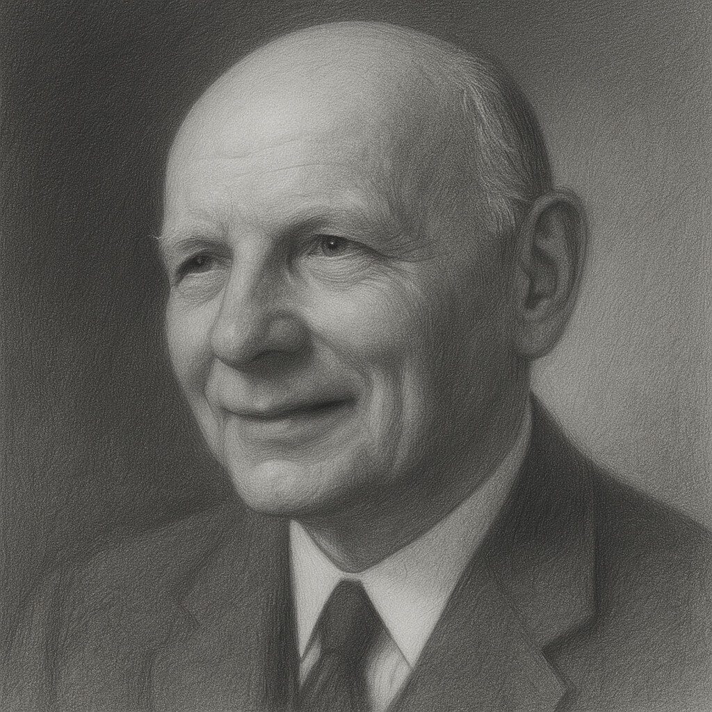 Atelier-Bleistiftporträt von Albert Salomon in Schwarz-Weiss, realistisch mit geglättetem Hintergrund, würdevoll im Stil der Wegbereiter-Reihe.