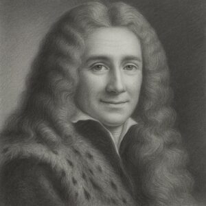 Klassisches Bleistiftporträt von Santorini, Giovanni (1681-1737) mit Pelzumhang und langem Haar auf neutralem Atelierhintergrund in Schwarz-Weiss.