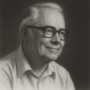 Schwarz-Weiss-Bleistiftporträt eines älteren Mannes mit Brille und geglättetem Hintergrund, ruhiger Gesichtsausdruck, realistischer Zeichenstil.