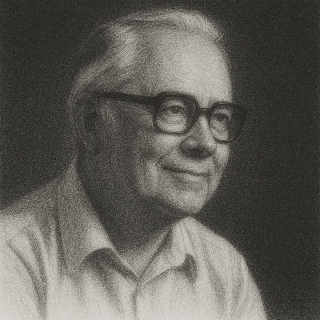 Schwarz-Weiss-Bleistiftporträt eines älteren Mannes mit Brille und geglättetem Hintergrund, ruhiger Gesichtsausdruck, realistischer Zeichenstil.