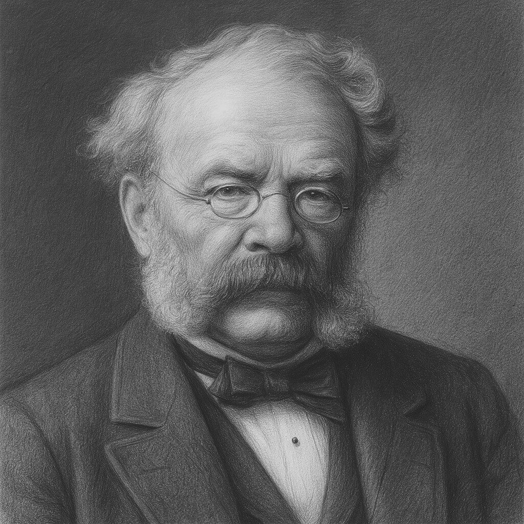 Bleistiftporträt eines älteren Mannes mit Koteletten, Brille und ernstem Ausdruck vor abgedunkeltem, geglättetem Hintergrund in Schwarz-Weiss.