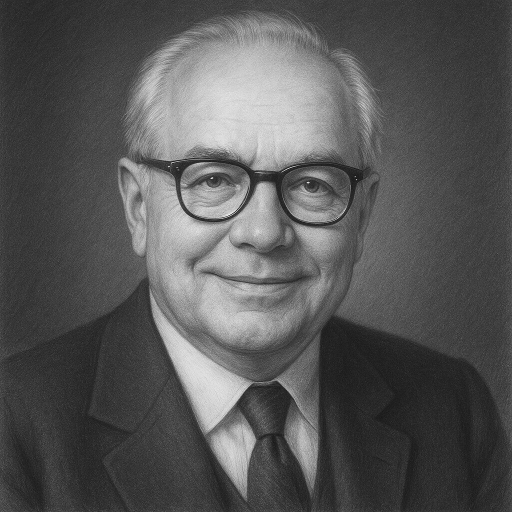 Schwarz-Weiss-Bleistiftporträt eines älteren Mannes mit Brille vor geglättetem, abgedunkeltem Hintergrund im klassischen Atelierstil.