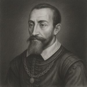 Adriaan van den Spieghel als realistisches Bleistiftporträt in Schwarz-Weiss mit geglättetem, dunklem Hintergrund – im Stil der Wegbereiter-Reihe.