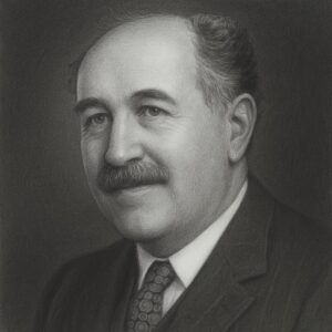 Realistisches Schwarz-Weiss-Bleistiftporträt eines älteren Mannes im Anzug mit Schnurrbart und freundlichem Ausdruck, vor geglättetem, abgedunkeltem Hintergrund – im Stil der Wegbereiter-Reihe.