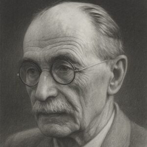 Porträtzeichnung von Paul Sudeck in Schwarz-Weiss mit Brille und Schnurrbart, realistischer Stil mit abgedunkeltem Hintergrund, Atelier-Bleistiftzeichnung für Wegbereiter-Reihe.