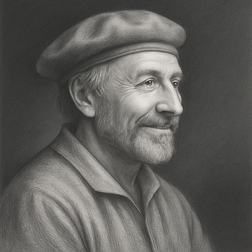 Bleistiftporträt von Jacobus Sylvius (1478–1555), französischer Anatom, im klassischen Atelierstil mit abgedunkeltem Hintergrund, realistisch gezeichnet in Schwarz-Weiss.