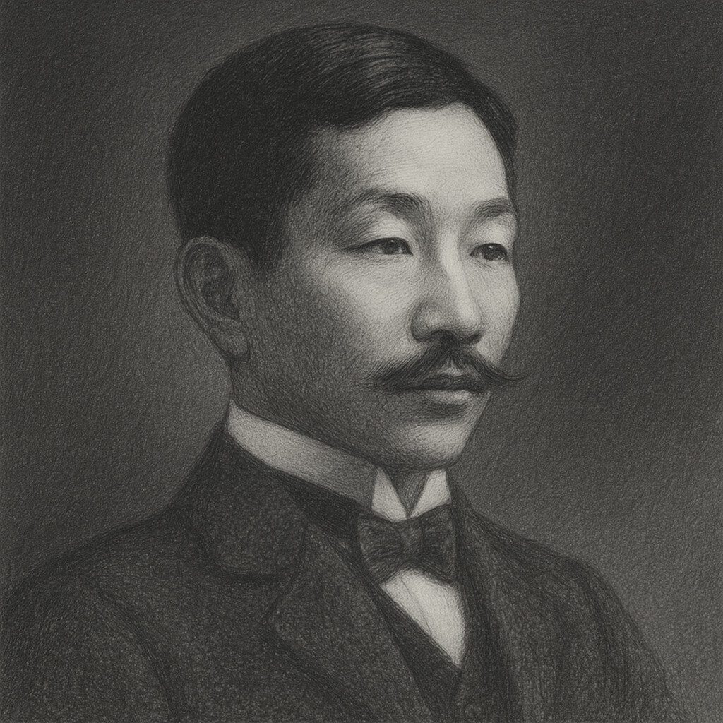 Porträt von Sunao Tawara (1873–1953) als realistisches Bleistiftzeichnung in Schwarz-Weiss mit abgedunkeltem Hintergrund, würdevoll und freundlich.