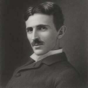 Nikola Tesla als realistisches Bleistiftporträt in Schwarz-Weiss mit abgedunkeltem Hintergrund, würdevoll und freundlich dargestellt