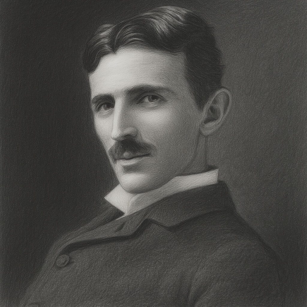 Nikola Tesla als realistisches Bleistiftporträt in Schwarz-Weiss mit abgedunkeltem Hintergrund, würdevoll und freundlich dargestellt