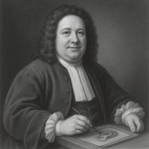Schwarz-weisses Bleistiftporträt eines Gelehrten mit barocker Kleidung, vor dunklem Hintergrund, realistisch gezeichnet im klassischen Stil.