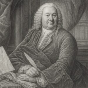 Abraham Vater (1684–1751), realistisches Bleistiftporträt in Schwarz-Weiss mit Grautönen, würdevoller Ausdruck, geglätteter, abgedunkelter Hintergrund, im Stil der Wegbereiter-Reihe.
