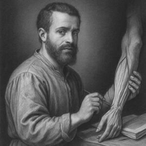 Bleistiftporträt von Andreas Vesalius im Atelierstil – realistisch, schwarz-weiss mit Graustufen, geglätteter Hintergrund, klassisch und würdevoll.
