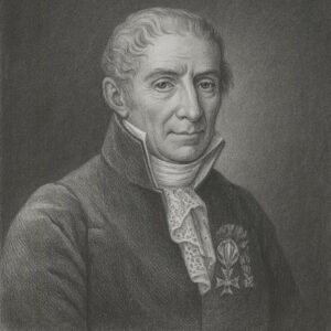 Bleistiftporträt von Alessandro Volta (1745–1827) in Schwarz-Weiss mit geglättetem Hintergrund, würdevoll und realistisch im klassischen Stil.