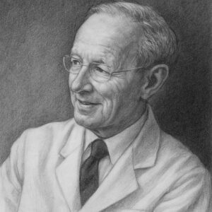 Porträtzeichnung von Jan Gösta Waldenström im klassischen Bleistiftstil, schwarz-weiß mit Graustufen, freundlicher Ausdruck, Arztkittel, abgedunkelter Hintergrund.