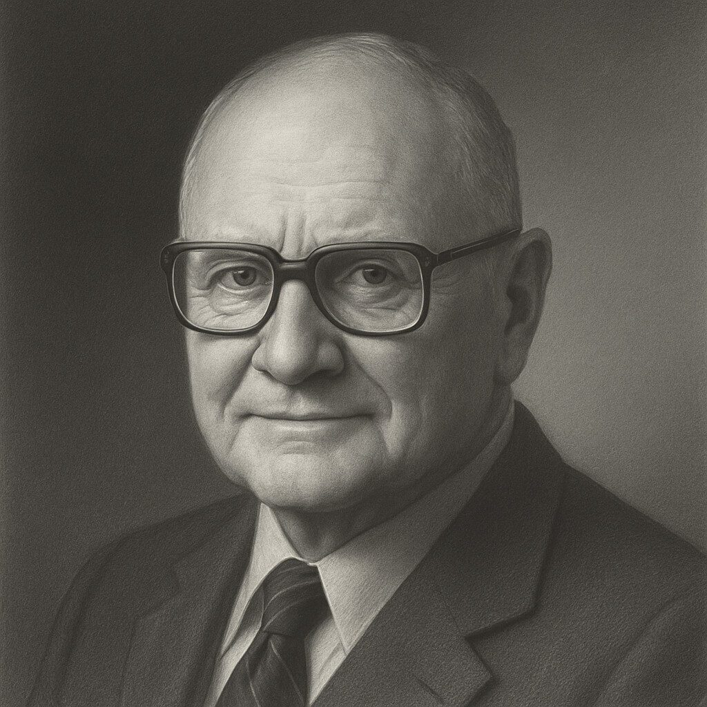 Porträt von Friedrich Wegener als realistisches Schwarz-Weiss-Bleistiftbild im Wegbereiter-Stil – mit Brille, Anzug und abgedunkeltem Hintergrund.