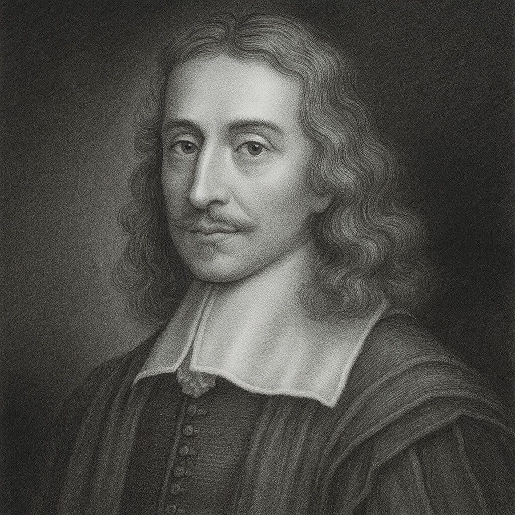 Thomas Willis (1621–1675) als realistisches Bleistiftporträt in Schwarz-Weiss mit abgedunkeltem Hintergrund, im Stil der Wegbereiter-Reihe.