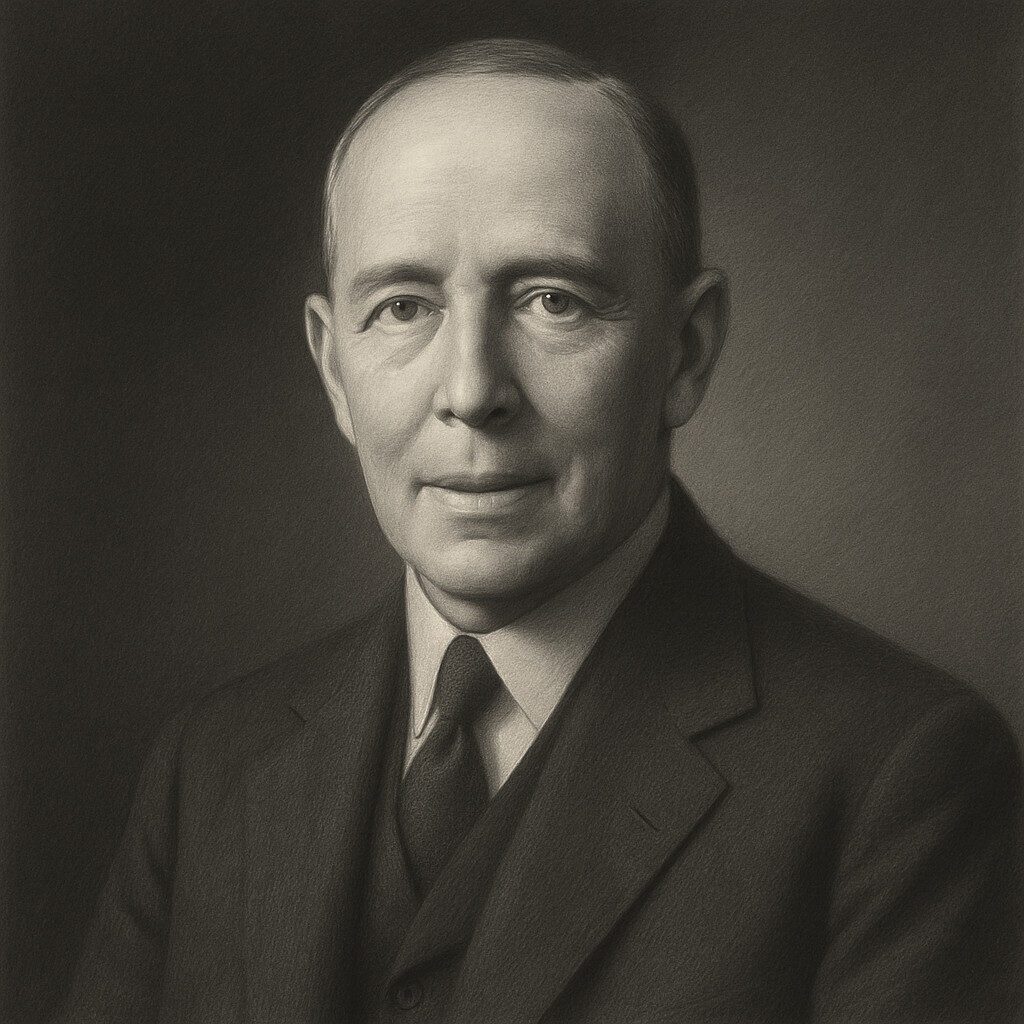 Samuel Wilson (1878–1937) als realistisches Atelier-Bleistiftporträt in Schwarz-Weiss mit abgedunkeltem Hintergrund, im Stil der Wegbereiter-Reihe.